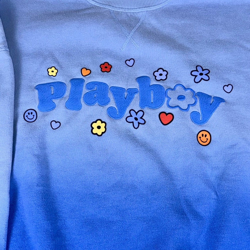 Playboy by PacSun Blue Ombre Crewneck Sweatshirt M‎ Flower Smiley Graphic Logo